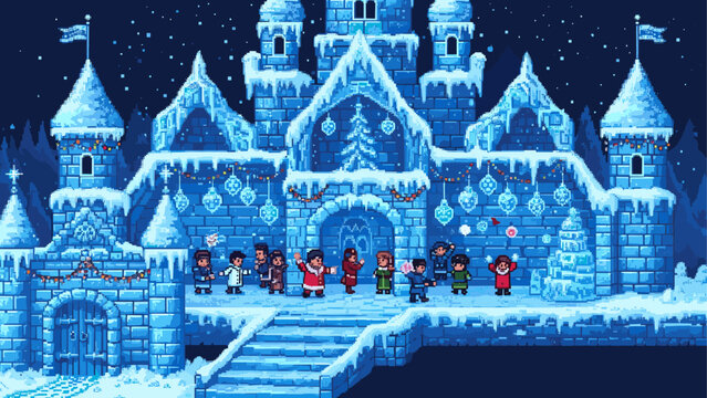 Grand pixel art ice castle covered in snow and icicles, with festive holiday decorations and people celebrating on a magical winter night