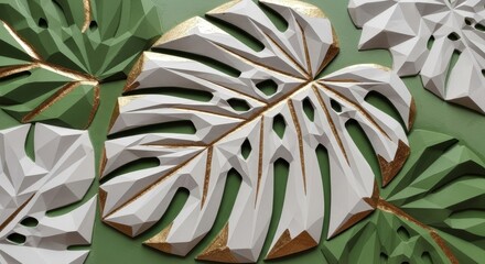 wall panel with white and green monstera leaves outlined in gold. 3D relief botanical pattern for modern interior design, tropical restaurant decor, luxury hotel lobby background or architectural rend