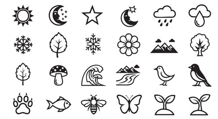 Fototapeta premium Collection of various nature themed black and white line art icons