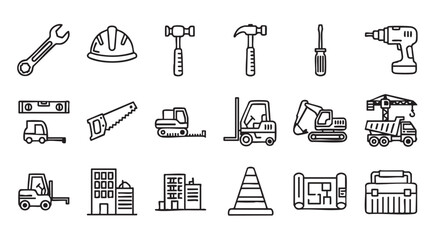 Obraz premium Construction and building industry icons depicting tools machinery and buildings