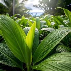 Obraz premium Lush green tropical plant leaves glistening with morning dew in bright sunlight