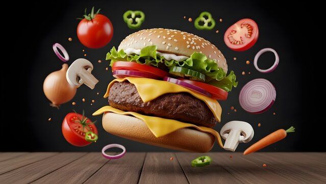 Exploded cheeseburger with fresh ingredients floating in the air.