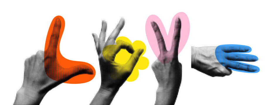 Collage human hands in dotted pop art style make word  LOVE with Gestures. Love Hand Sign Language with Colorful Halftone Dot Art Graphics for Wedding card, Valentine’s day Posters or LGBT Pride banne