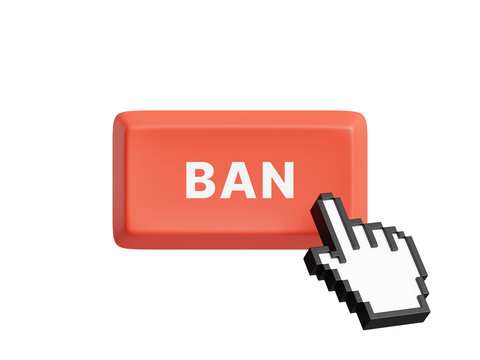 3D red BAN button with bold white text and a classic black and white hand cursor clicking on it, isolated on a transparent background. Clean modern icon for moderation, blocking, and account control 