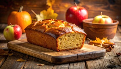 Fototapeta premium A rustic loaf of golden autumn bread sits on a wooden cutting board surrounded by seasonal ingredients.