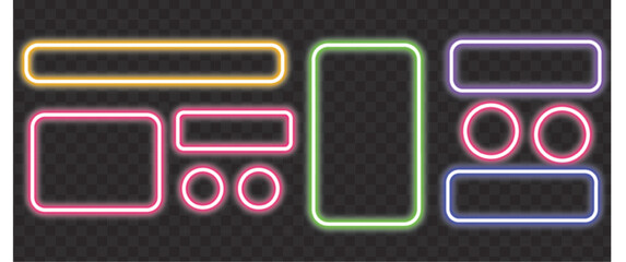 Obraz premium Neon frame illustration set, colorful glowing rectangular and circular border elements for modern digital artwork, social media templates, poster design, and futuristic graphic projects