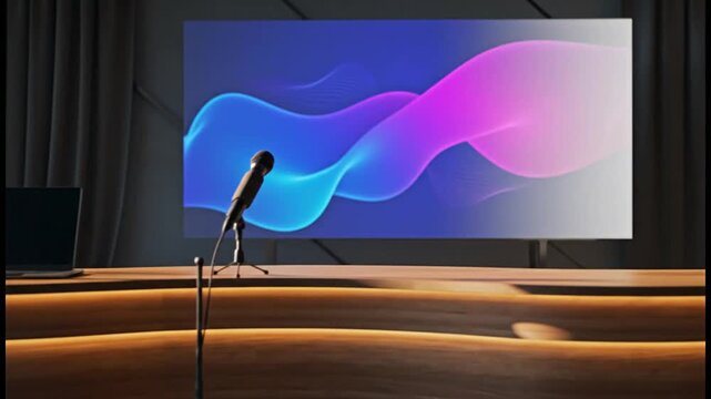 Abstract wave graphic on a large screen at a modern presentation stage with a microphone and wooden podium, ready for a captivating event