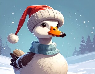 Duck in a festive Santa hat and scarf, snowy winter scene with blurry trees in background, looking right