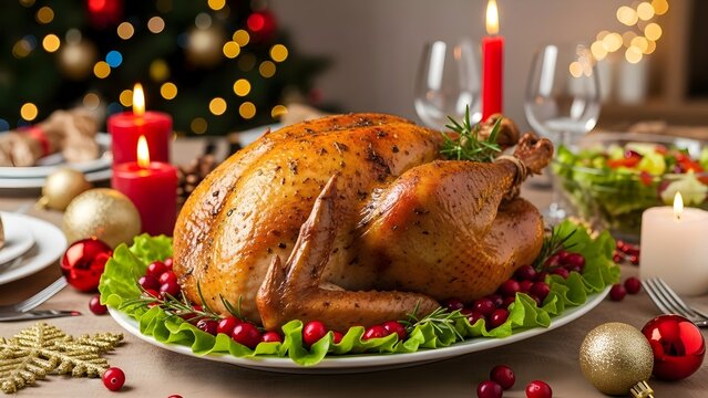 Traditional Roasted Turkey Christmas Dinner on a Festive Holiday Table.