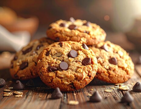 A close-up of freshly baked oatmeal chocolate chip cookies stacked on a rustic wooden surface.