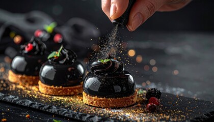 A hand sprinkles edible gold dust onto a glossy black dome pastry atop a tart base.