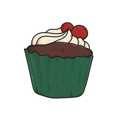 Holiday-themed illustration of a chocolate muffin with creamy white frosting and a shiny red cherry on top. The cupcake is wrapped in a green Christmas-style paper liner.