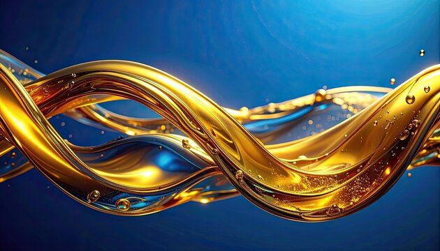 Abstract flowing ribbons of golden liquid against a deep blue background.