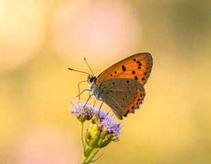 Obraz premium Copper butterfly rests on tiny purple blooms against a blurred, golden-hued background, basking in soft light