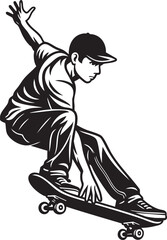 Black and white illustration of a young man skateboarding with one arm raised.