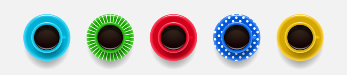 Set of color coffee cups. Top view. Vector objects