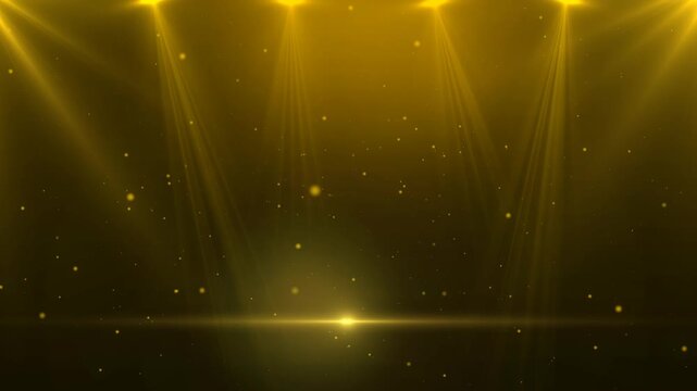 Luxury stage for awards ceremony. Moving banner with golden lights and flying glitter particles on dark alpha channel background. Video overlay for presentation. Realistic graphic animated footage