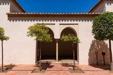 Malaga, Spain - August 06, 2024: Walls and bastion of the castle fort Gibralfaro in Malaga. Castillo de Gibralfaro.