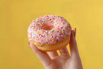 Hand holding pink glazed donut with sprinkles