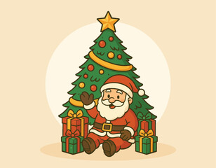 Cheerful Santa Claus with a Christmas Tree and Presents