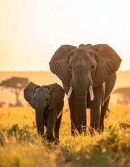 Obraz premium An adult elephant and its calf walk through tall, golden grass at sunset.