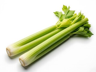 Fototapeta premium Fresh celery stalks with green leaves isolated on white background