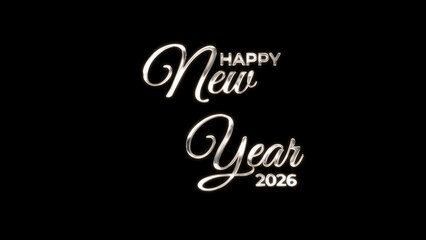 Happy new year 2026 image in silver lettering against a black background. Perfect for new years eve party invitations or social media posts.

