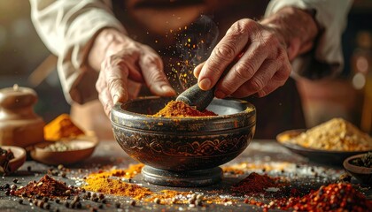 Hands grinding vibrant spices in a dark mortar and pestle on a rustic surface.
