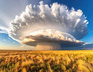 Massive anvil cloud formation looms over a golden prairie landscape during a severe storm.