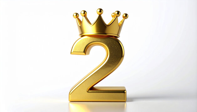 Shiny golden number 2 two with gold crown. Champion or winner concept. Isolated on white