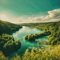 Aerial View of Turquoise Waterways and Forested Hills in Plitvice Lakes National Park, Croatia