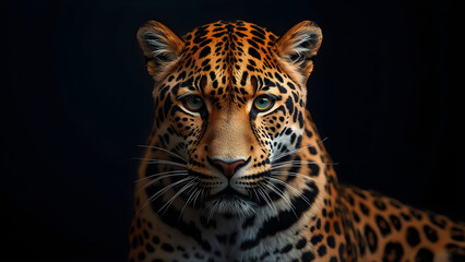 Fototapeta premium Leopard Face Close-Up with Green Eyes and Dramatic Lighting – Detailed Fur Texture on Dark Background