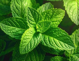 Vibrant close-up of fresh, deeply textured green mint leaves basking in soft light.