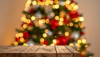 Festive holiday backdrop blurred Christmas tree with lights and rustic wood surface for product placement