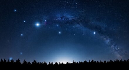 Naklejka premium Deep Blue Christmas Night Sky with Stars and Pine Silhouettes. dark blue night sky background filled with sparkling stars and a subtle milky way. At the very bottom edge, a black silhouette