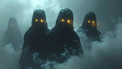 Cloaked figures with glowing eyes emerge from dense fog