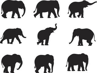 Majestic Black Elephant Silhouettes Collection, Vector Graphics Set, African and Asian Wildlife Icons, Minimalist Animal Logo Elements, Bold Dark Shapes, Isolated 