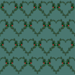 Merry Christmas & Happy New Year banner Christmas tree heart shaped seamless pattern on green, holly design element stock vector illustration for web, for print, for fabric print, for wrapping paper