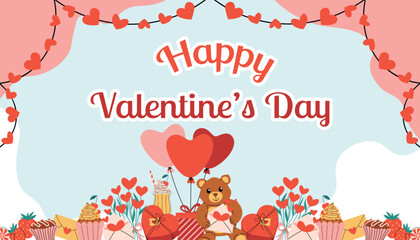Colorful Happy Valentines Day greeting card with sweet text, organic shapes, heart garlands, teddy bear with heart balloons and gift box, heart gift, roses, love mail, cupcakes and more on blue.