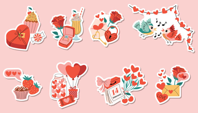 Bright still life stickers set featuring rose, songbird, gift box with heart balloon, milkshake, cupcake, strawberry, cherry and heart letter arranged in cute compositions.
