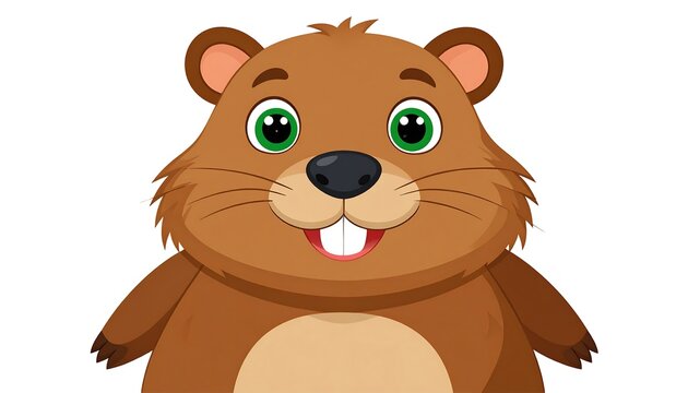 Cute cartoon beaver head and shoulders, smiling with green eyes and buck teeth on white background