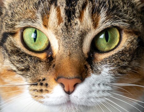 Extreme close-up portrait of a tabby cat's face highlighting its striking green eyes and detailed fur texture.