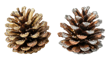 Elegant Pine Cones: Exquisite pair of pine cones, their intricate textures enhanced by a subtle dusting of glistening frost, offering a serene touch of natural beauty.