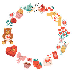 Colorful round frame decorated with Happy Valentines Day elements like songbird, teddy bear, milkshake, cupcake, strawberry, cherry, rose, bow, heart hands gesture and love mail.