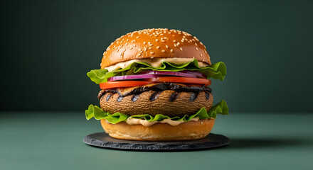 Savory gourmet portobello mushroom burger bursting with fresh lettuce, ripe tomato, and red onion on a sesame seed bun, artfully presented on a slate coaster for ultimate culinary appeal.