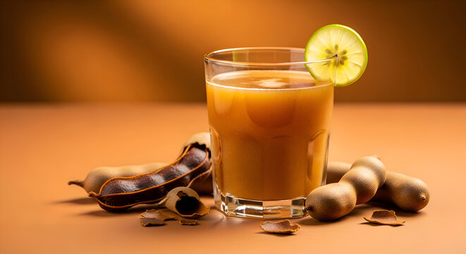 Refreshing tamarindo juice served in a clear glass with fresh tamarind pods and a lime slice garnish, perfect for summer thirst quenching and exotic beverage concepts.