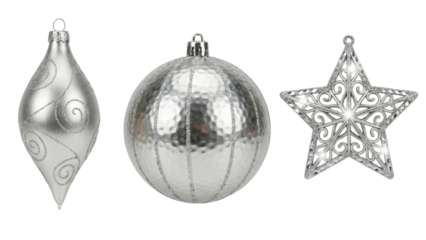 Festive Trio: A collection of shimmering silver Christmas ornaments, each with its own unique shape and detail, creating a scene of holiday elegance and cheer.