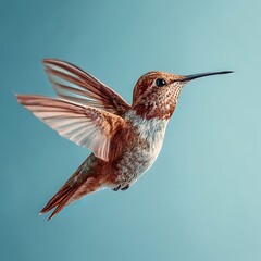 Fototapeta premium Hummingbird in mid flight with wings blurred against a soft blue background