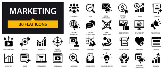 Marketing icons set. Digital Marketing, Social Media, Advertising, SEO, E-commerce and others.