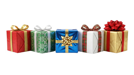 Obraz premium Festive Gifts Arrayed: A colorful array of exquisitely wrapped presents, each adorned with elegant ribbons and bows, signifies the joy and generosity of a celebration.